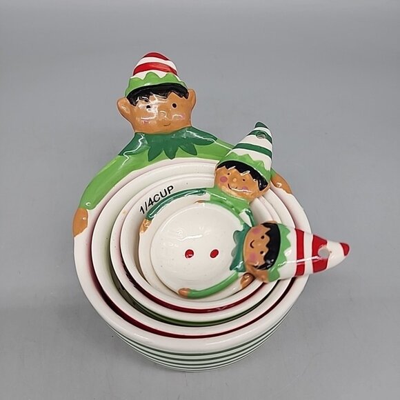 Christmas Elf Nesting Measuring Cups Spoons Set of 6  Stoneware Ceramic - Picture 1 of 5